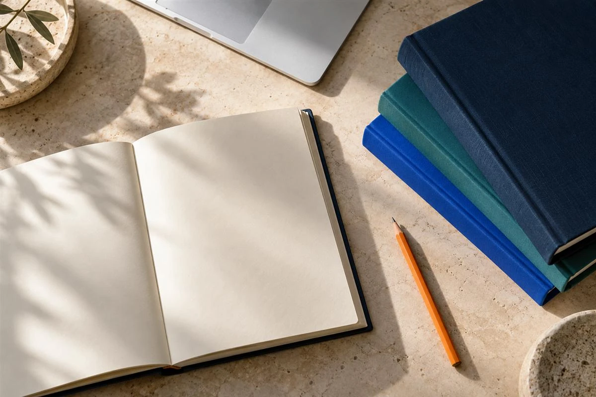 Clothbound books and an open notebook on a sunlit desk